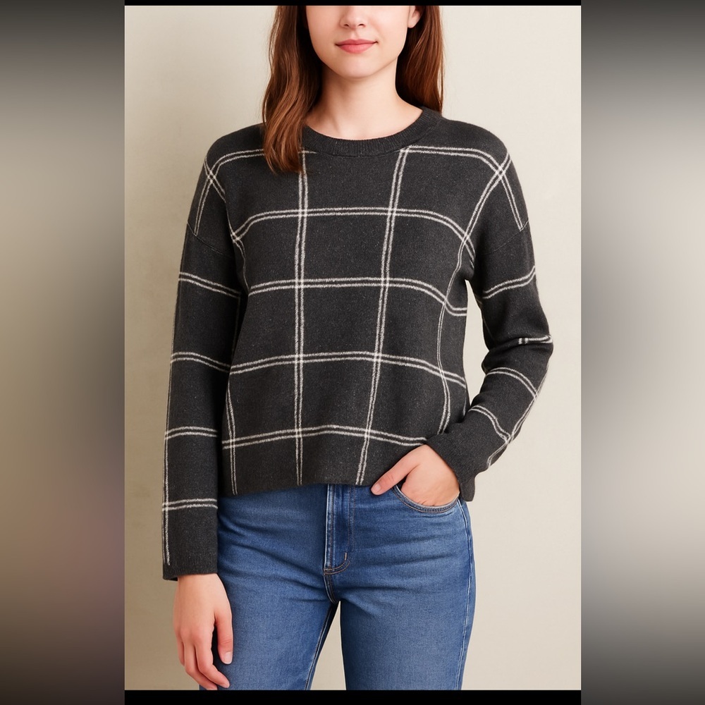 Madewell Windowpane Plaid Sweater Medium Gray White Alpaca Merino Wool Blend